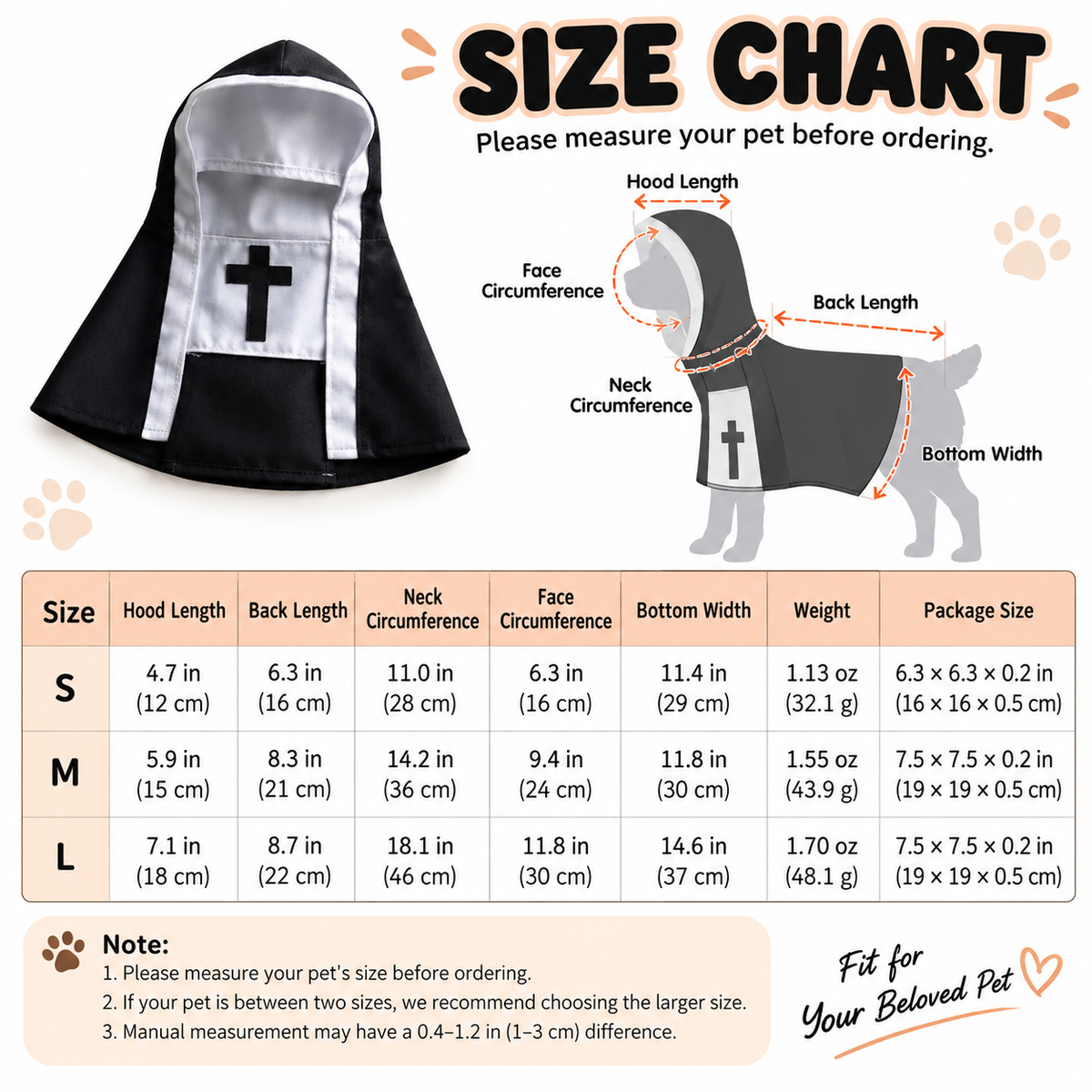 Funny Pet Nun Costume – One-Piece Hooded Halloween Cloak