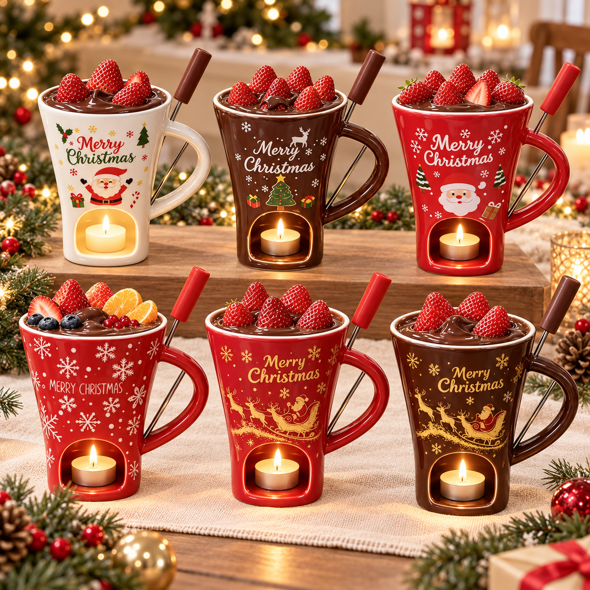 Christmas Mini Chocolate Fondue Mug – Ceramic Tealight Warmer with Dipping Fork, 6 Festive Designs