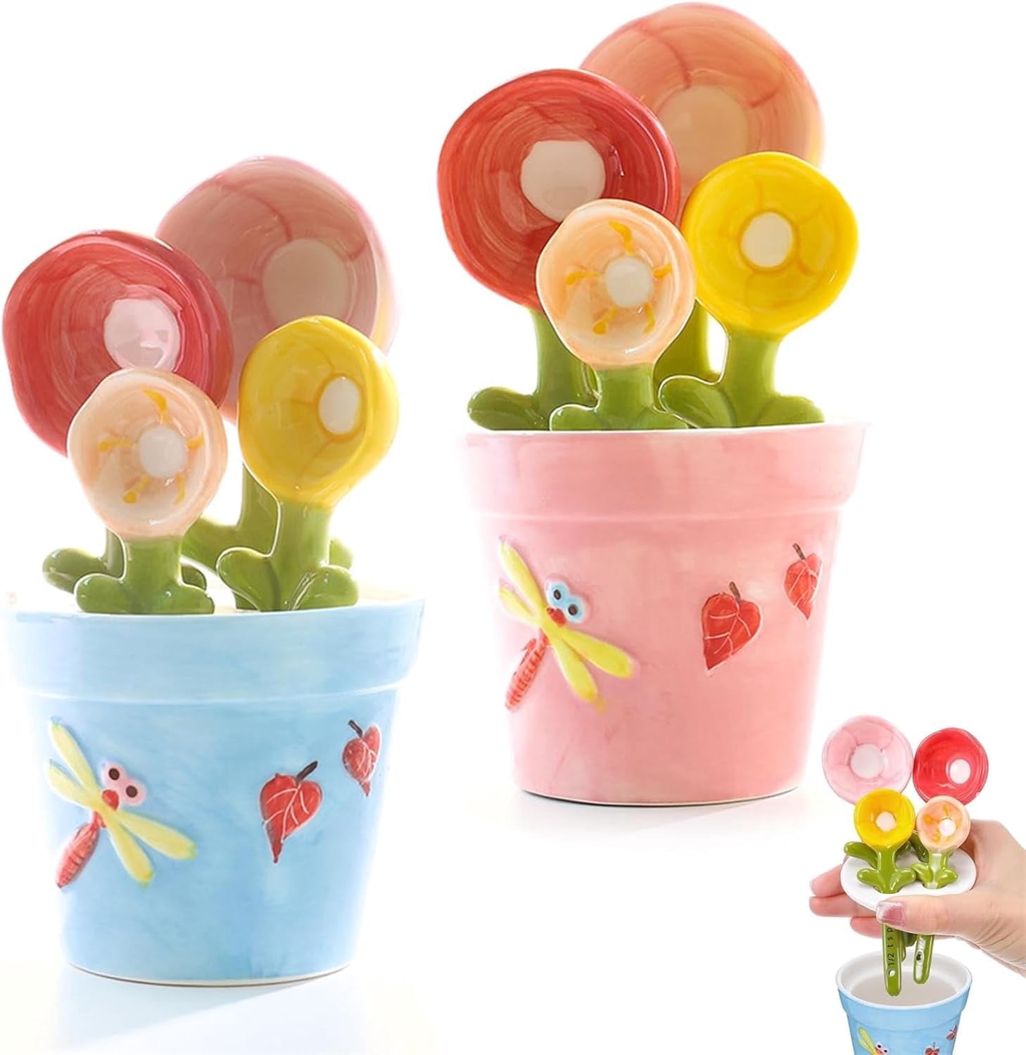 Ceramic Cactus Measuring Spoon Set with Holder, 4-Piece Kitchen Measuring Spoons for Coffee, Sugar, Salt, Spices and Baking