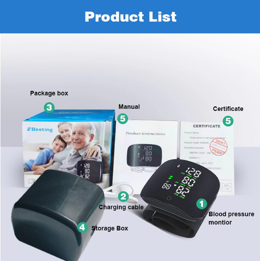 Rechargeable Wrist Blood Pressure Monitor – Touchscreen Digital Home BP Monitor