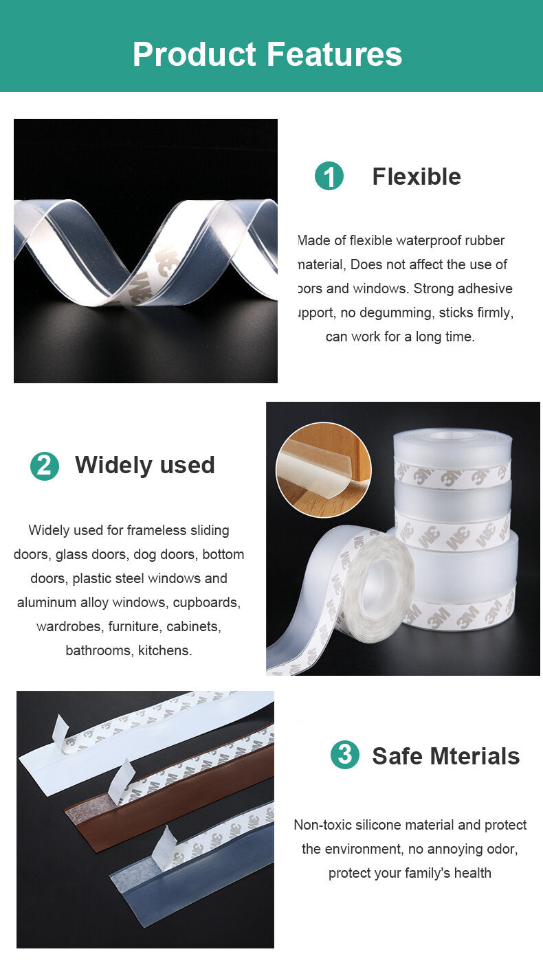 Draft & Bug-Blocking Door and Window Seal Strip – 9.8 FT Self-Adhesive Silicone Gap Tape for Wind, Dust, Insects & Light Moisture