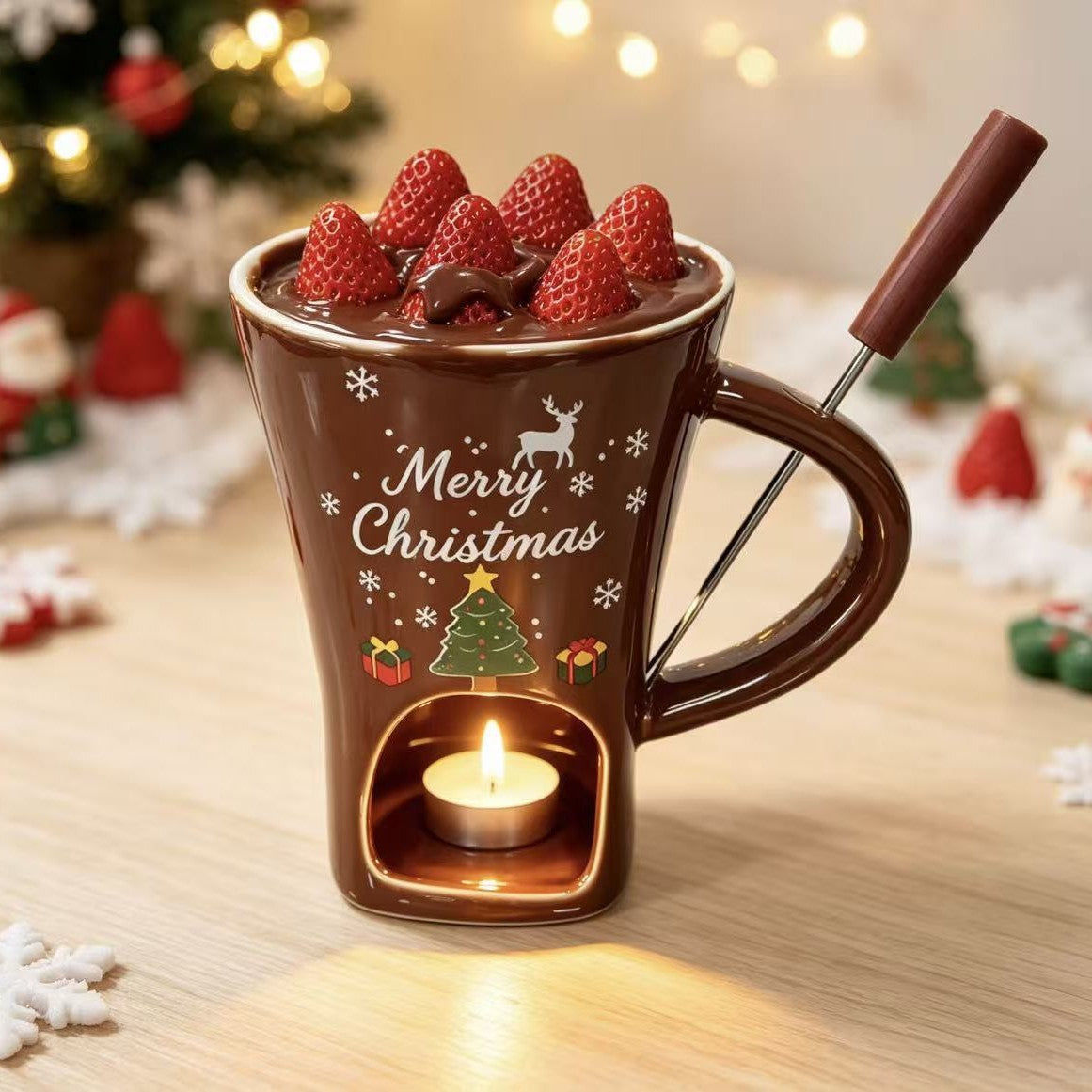 Christmas Mini Chocolate Fondue Mug – Ceramic Tealight Warmer with Dipping Fork, 6 Festive Designs