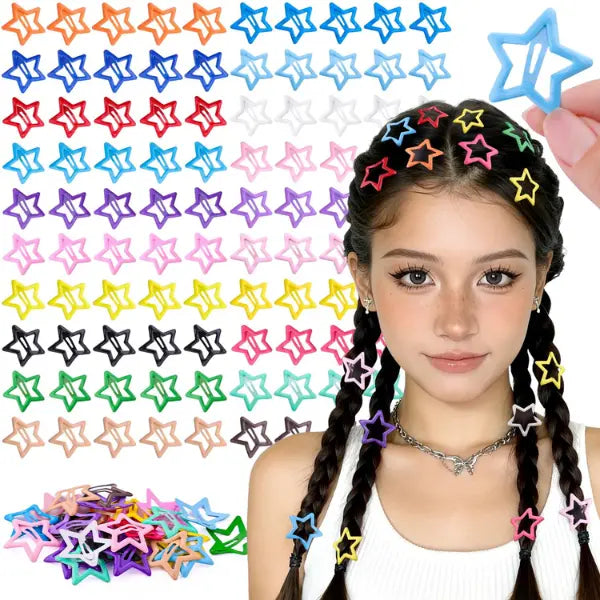 100PCS Colorful Star Snap Hair Clips – 20-Color Y2K Barrettes for Girls & Kids