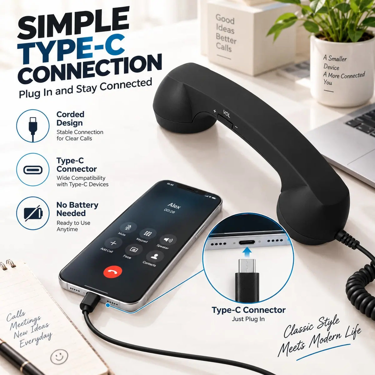 Retro Phone Handset – Type-C / 3.5mm Wired Receiver with Mic & Volume Control