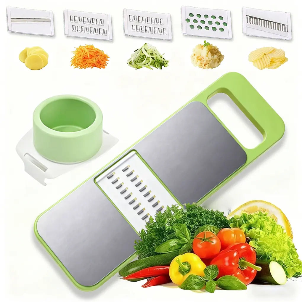 Vegetable slicer set with five blade inserts and hand guard