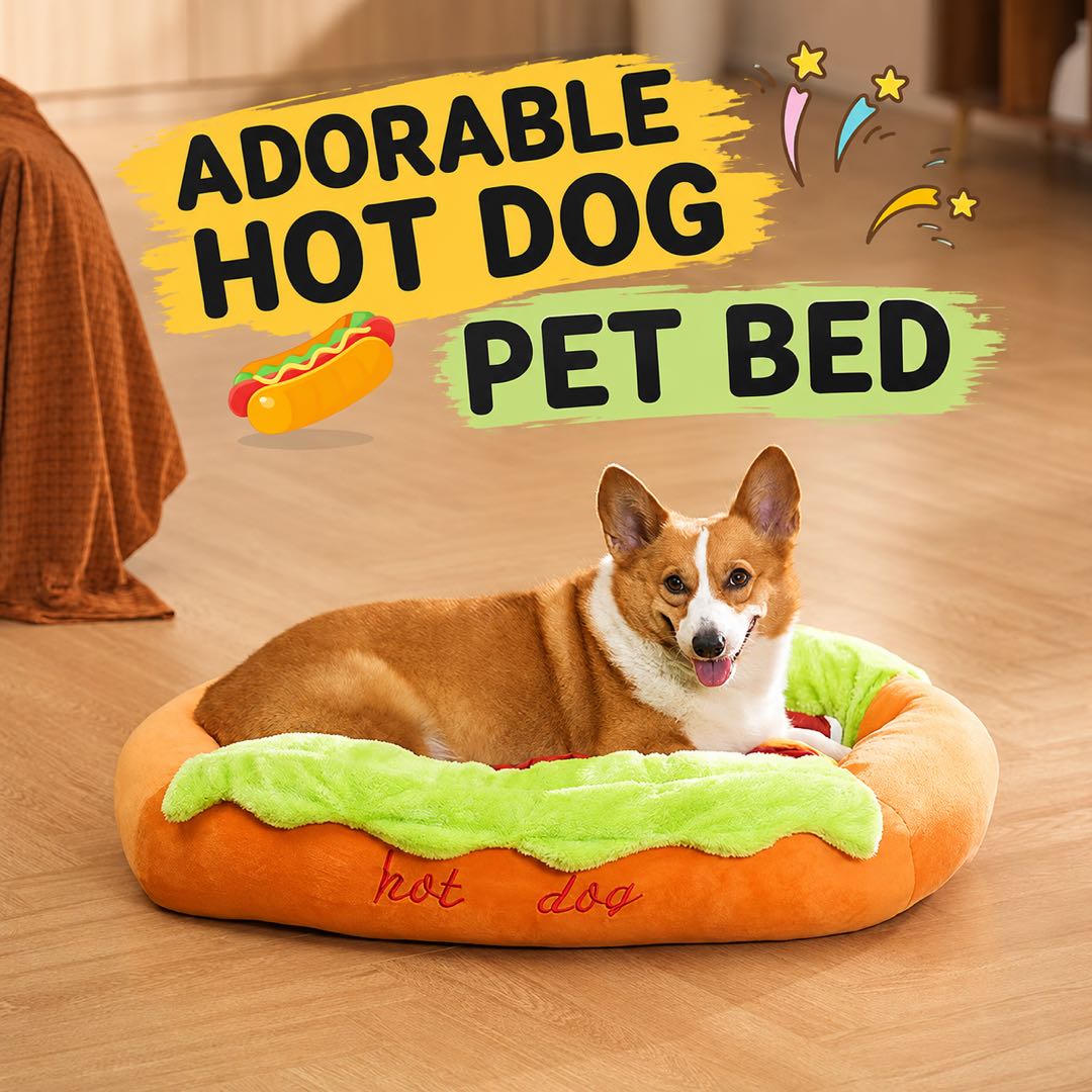 Hot Dog Plush Pet Bed – Soft Washable Dog & Cat Bed with Removable Cushion