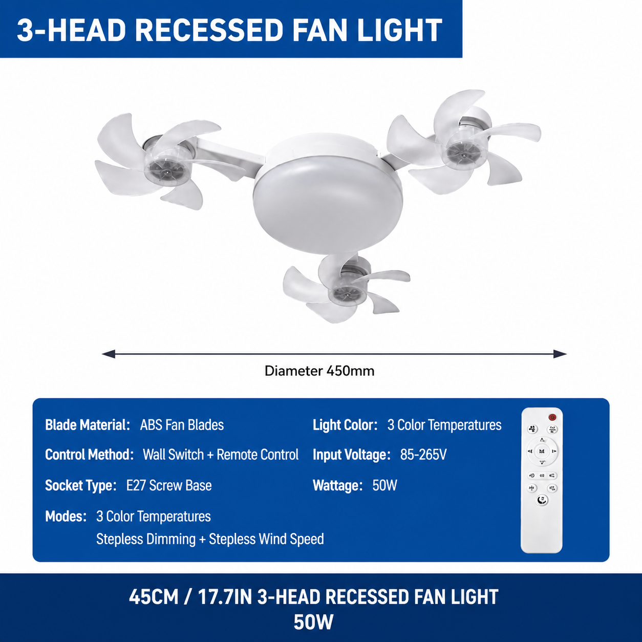 Bombilla de ventilador de techo atornillada con control remoto, enchufe E27, 3 velocidades, ajustable, regulable, bombilla LED, ventilador de 3000 K-6000 K, color para dormitorio, cocina, garaje (4 cabezas)
