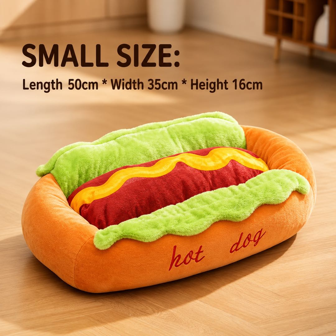 Hot Dog Plush Pet Bed – Soft Washable Dog & Cat Bed with Removable Cushion