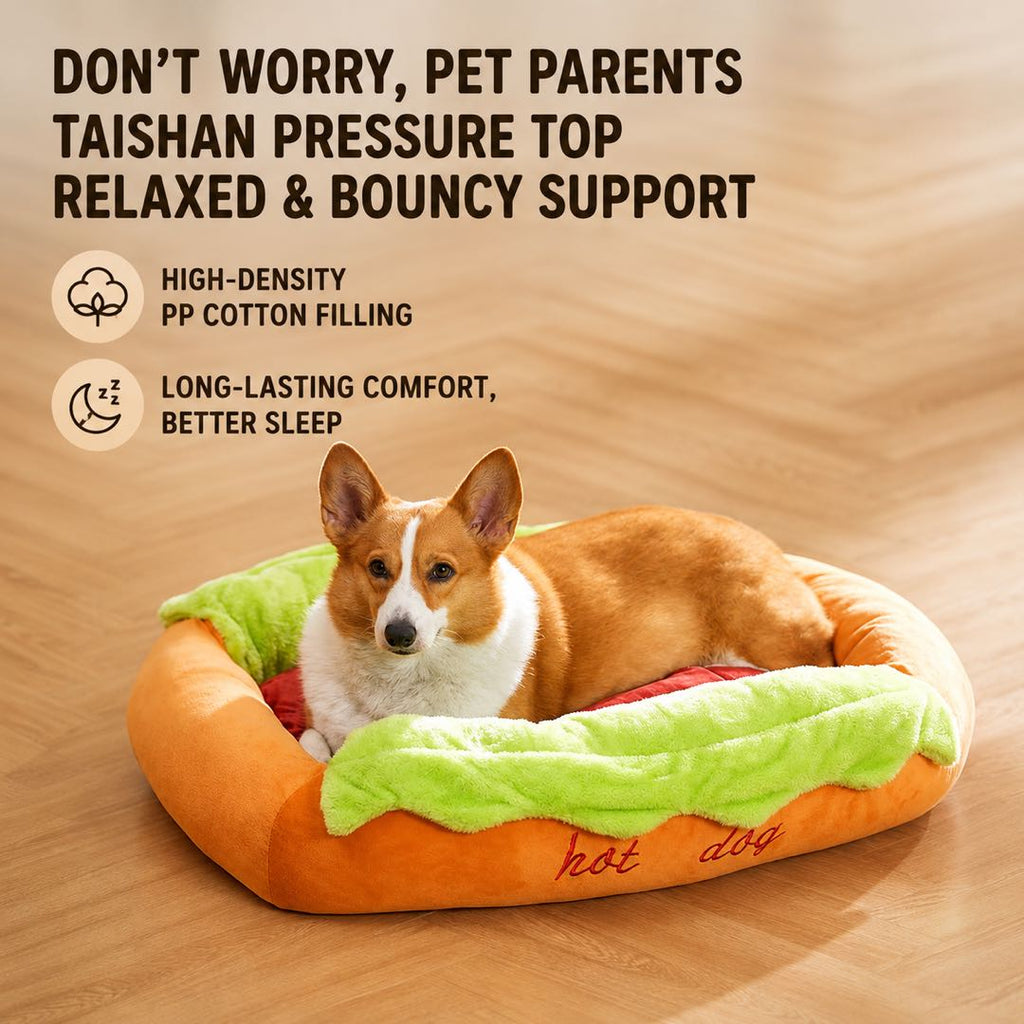 Hot Dog Plush Pet Bed – Soft Washable Dog & Cat Bed with Removable Cushion