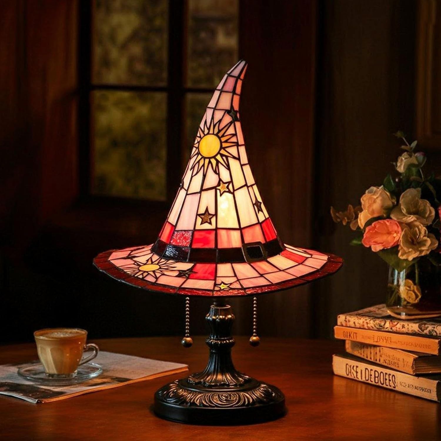 Witch Hat Lamp, Witch Hat Lamp Stained Glass Resin, Stained Glass Resin Lamp Shade Gothic Light, Fun Spooky Lamps Mystical Decor Haunted Wizard Halloween Decoration Used for Indoor Party、Home Dector