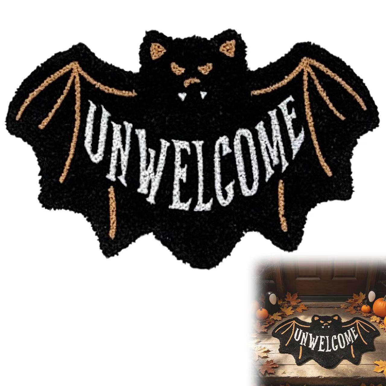 Halloween Gothic Bat Shaped Fluffy Doormat "UNWELCOME"