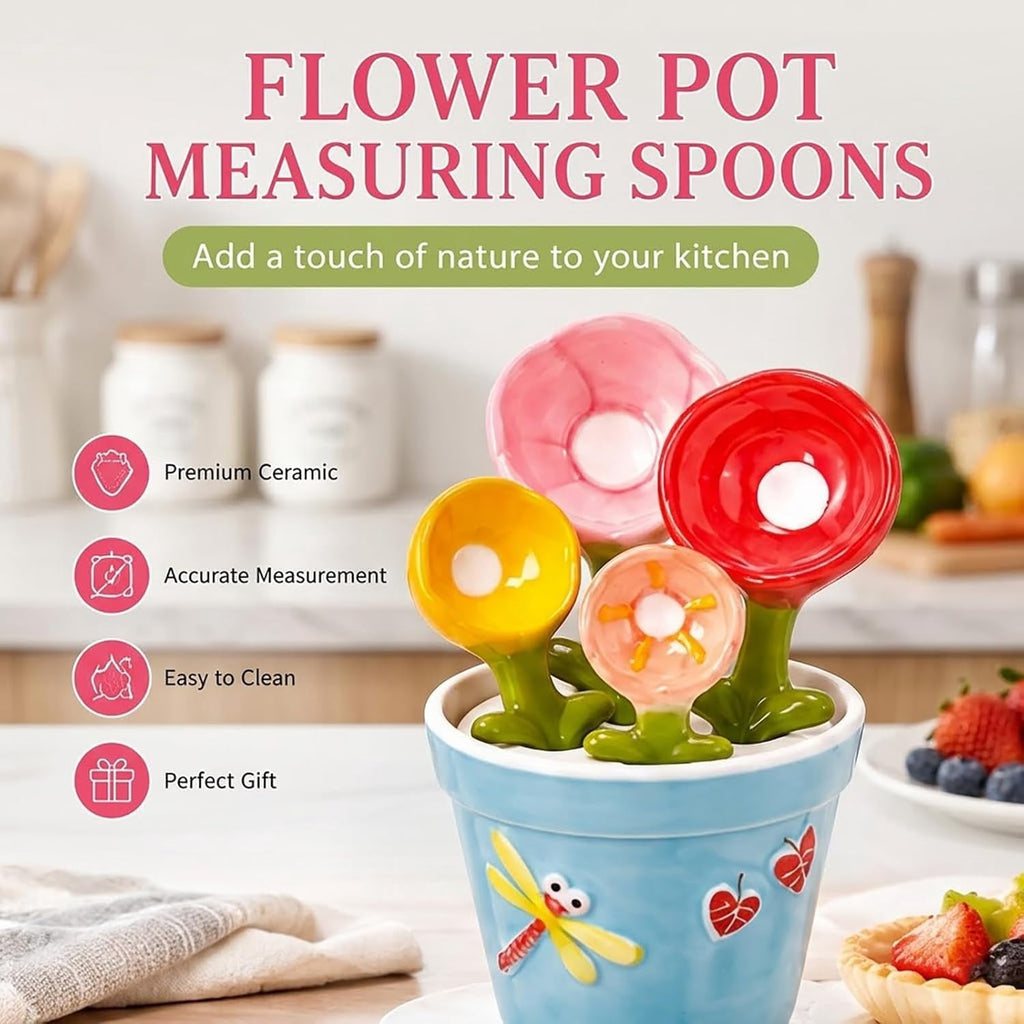 Ceramic Cactus Measuring Spoon Set with Holder, 4-Piece Kitchen Measuring Spoons for Coffee, Sugar, Salt, Spices and Baking