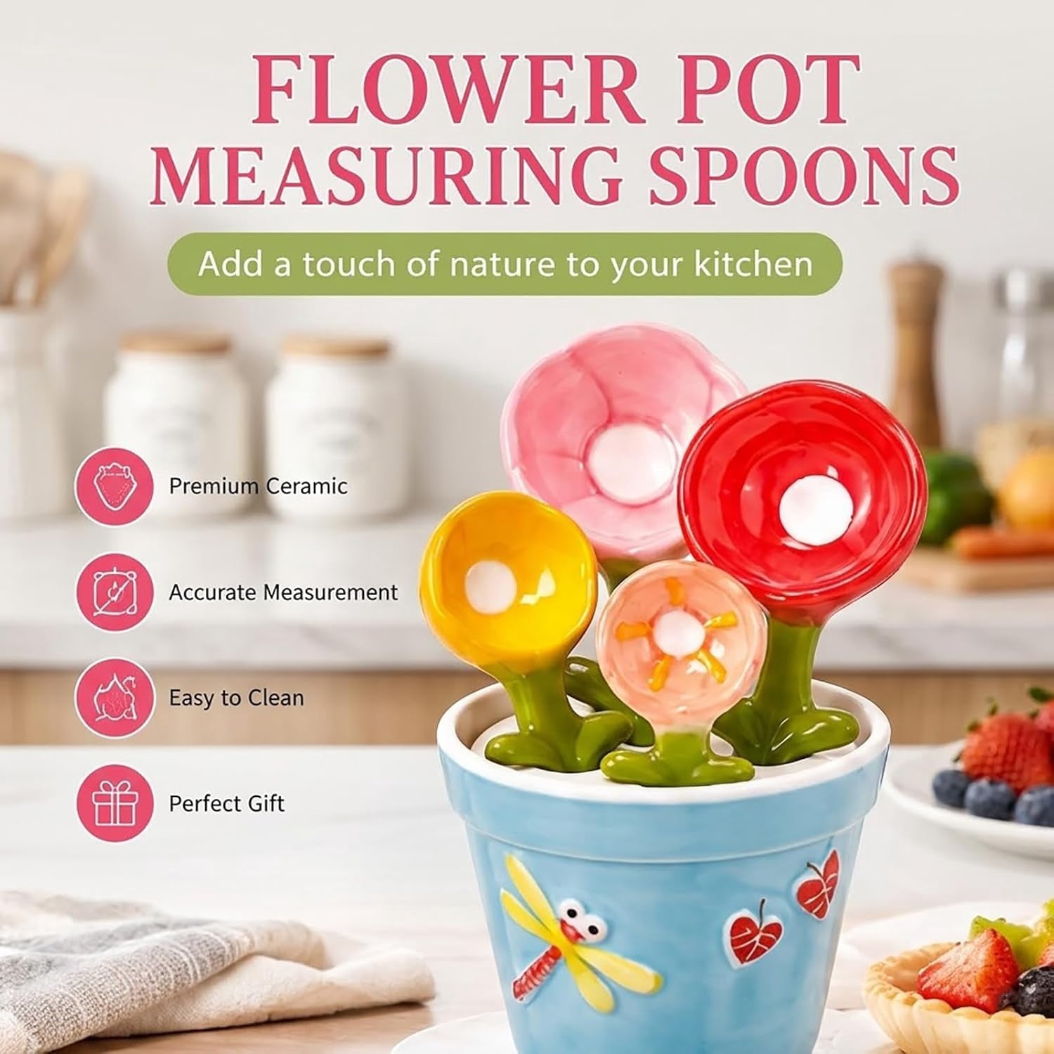 Ceramic Cactus Measuring Spoon Set with Holder, 4-Piece Kitchen Measuring Spoons for Coffee, Sugar, Salt, Spices and Baking