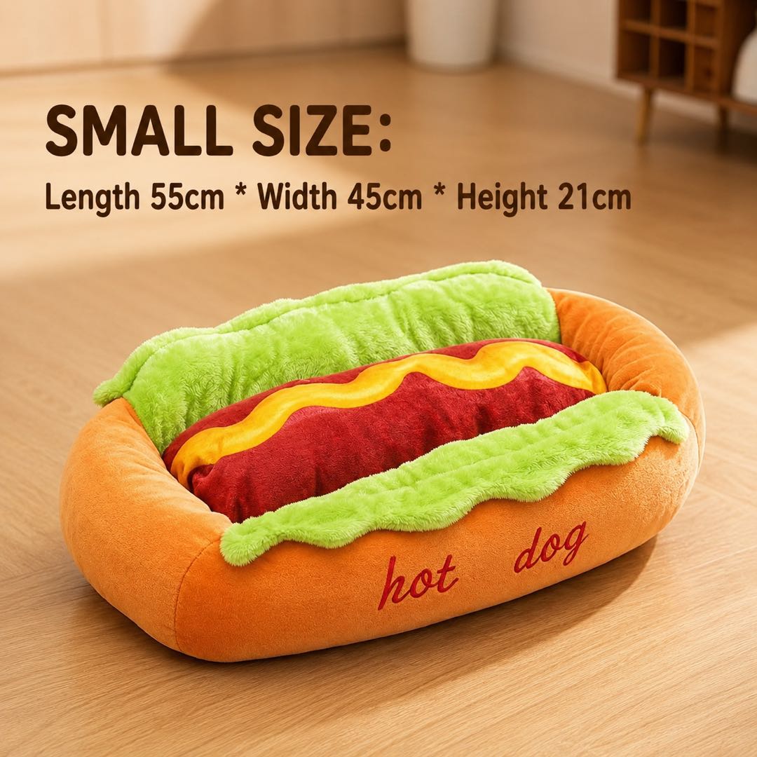 Hot Dog Plush Pet Bed – Soft Washable Dog & Cat Bed with Removable Cushion