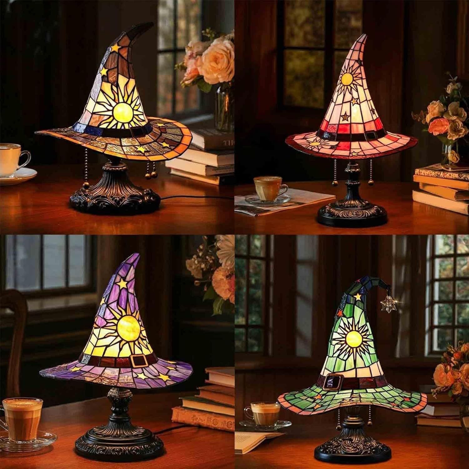 Witch Hat Lamp, Witch Hat Lamp Stained Glass Resin, Stained Glass Resin Lamp Shade Gothic Light, Fun Spooky Lamps Mystical Decor Haunted Wizard Halloween Decoration Used for Indoor Party、Home Dector