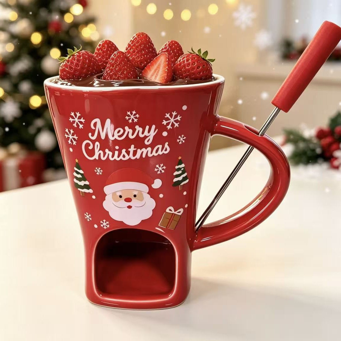 Christmas Mini Chocolate Fondue Mug – Ceramic Tealight Warmer with Dipping Fork, 6 Festive Designs