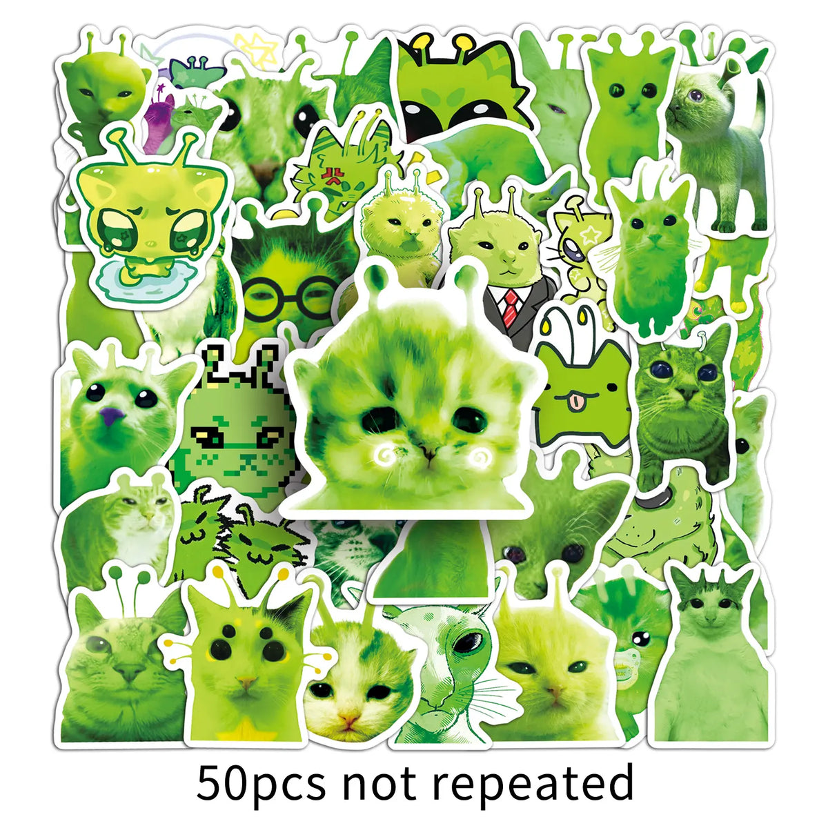 50PCS Funny Alien Cat Stickers – Quirky Faith-Inspired Decal Pack