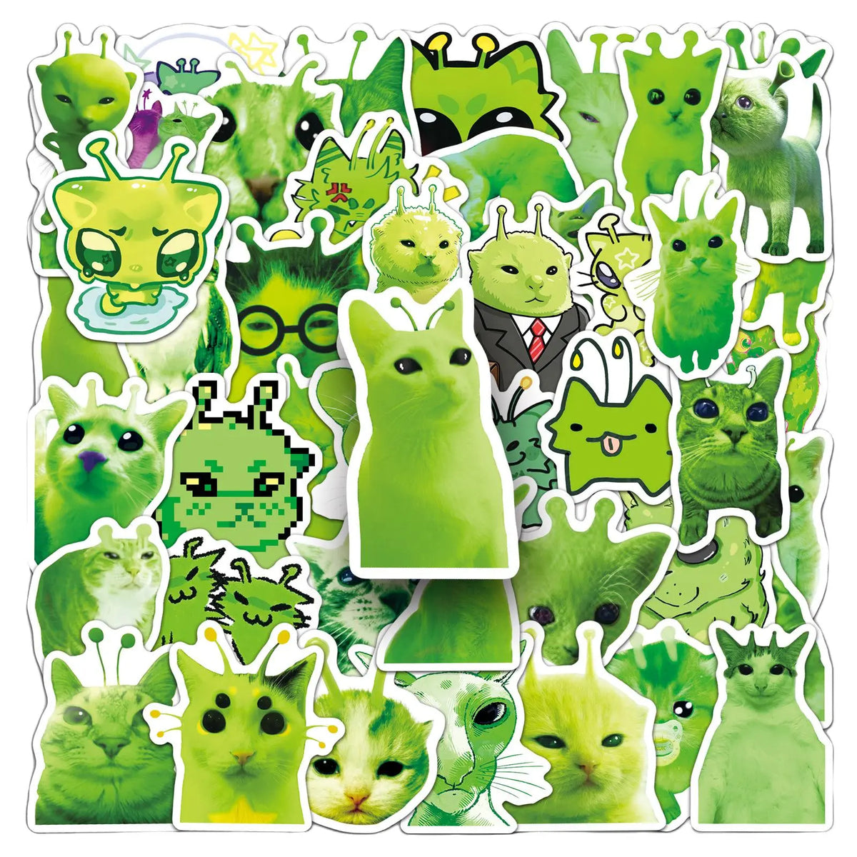 50PCS Funny Alien Cat Stickers – Quirky Faith-Inspired Decal Pack
