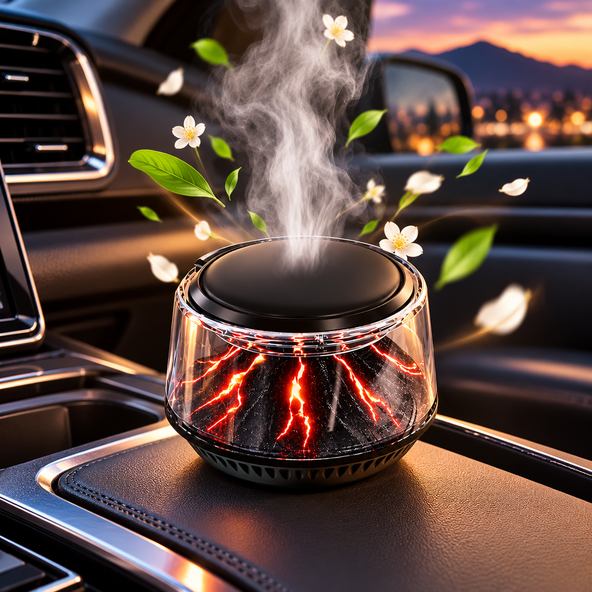 Volcano Mist Car Diffuser – Rechargeable Aromatherapy Atomizer with 3 Fragrance Modes & Color Ambient Light