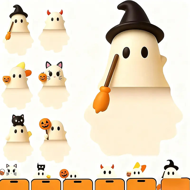 6PCS Halloween Phone Charms – 3D Ghost, Pumpkin & Bat Decorations