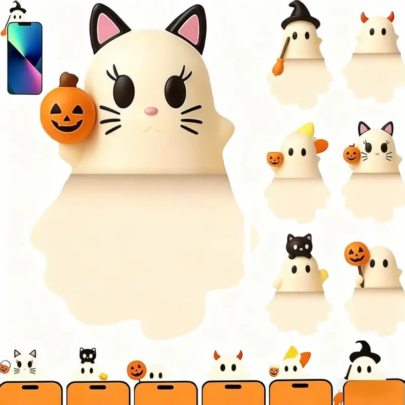 6PCS Halloween Phone Charms – 3D Ghost, Pumpkin & Bat Decorations
