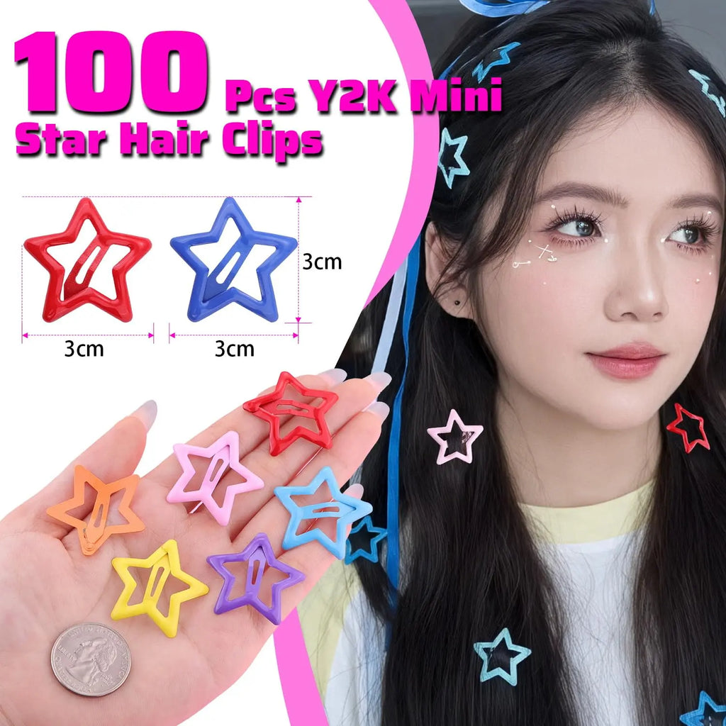 100PCS Colorful Star Snap Hair Clips – 20-Color Y2K Barrettes for Girls & Kids