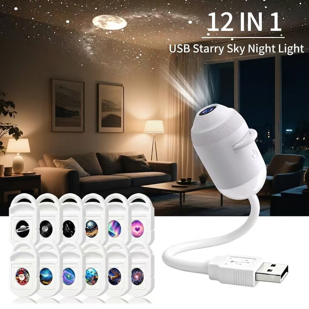 USB Starry Sky Projector Night Light – 3-in-1 / 6-in-1 / 12-in-1 / 24-in-1 Galaxy Light Projector with Replaceable Film Discs for Bedroom & Kids Room Decor