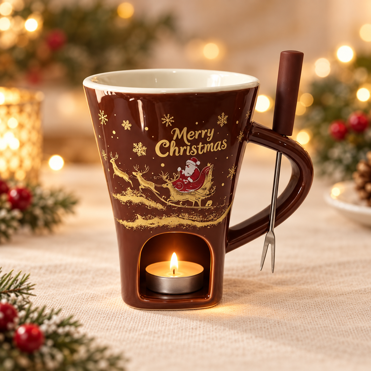 Christmas Mini Chocolate Fondue Mug – Ceramic Tealight Warmer with Dipping Fork, 6 Festive Designs