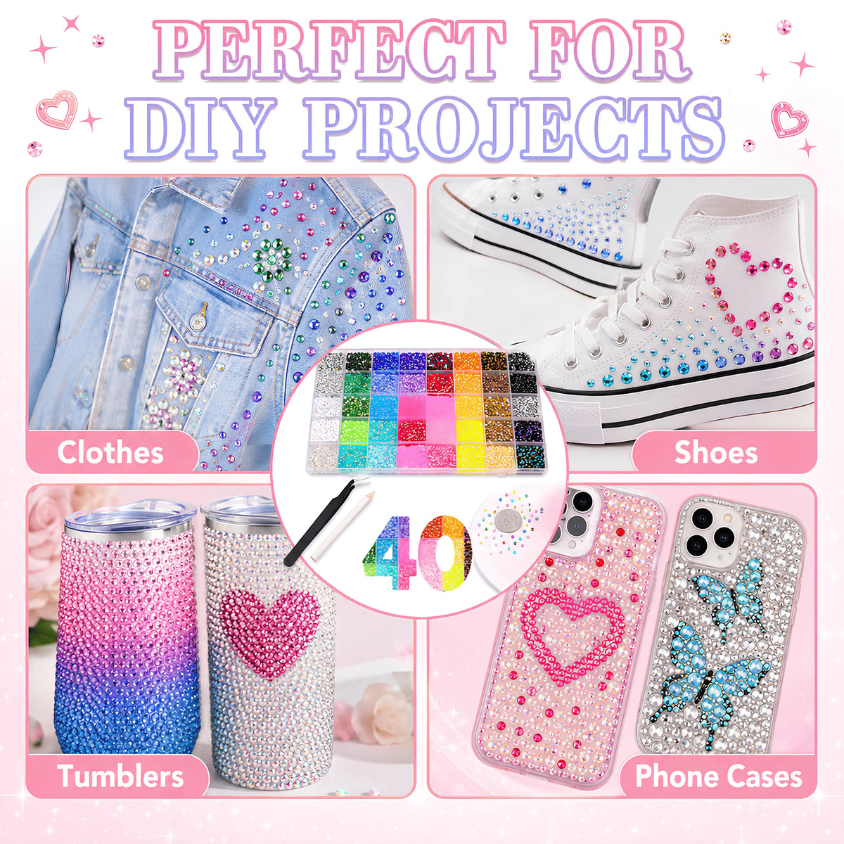 40,000PCS Rhinestone Bedazzling Kit – 40 Colors 3mm Flatback Resin Gems with Tools