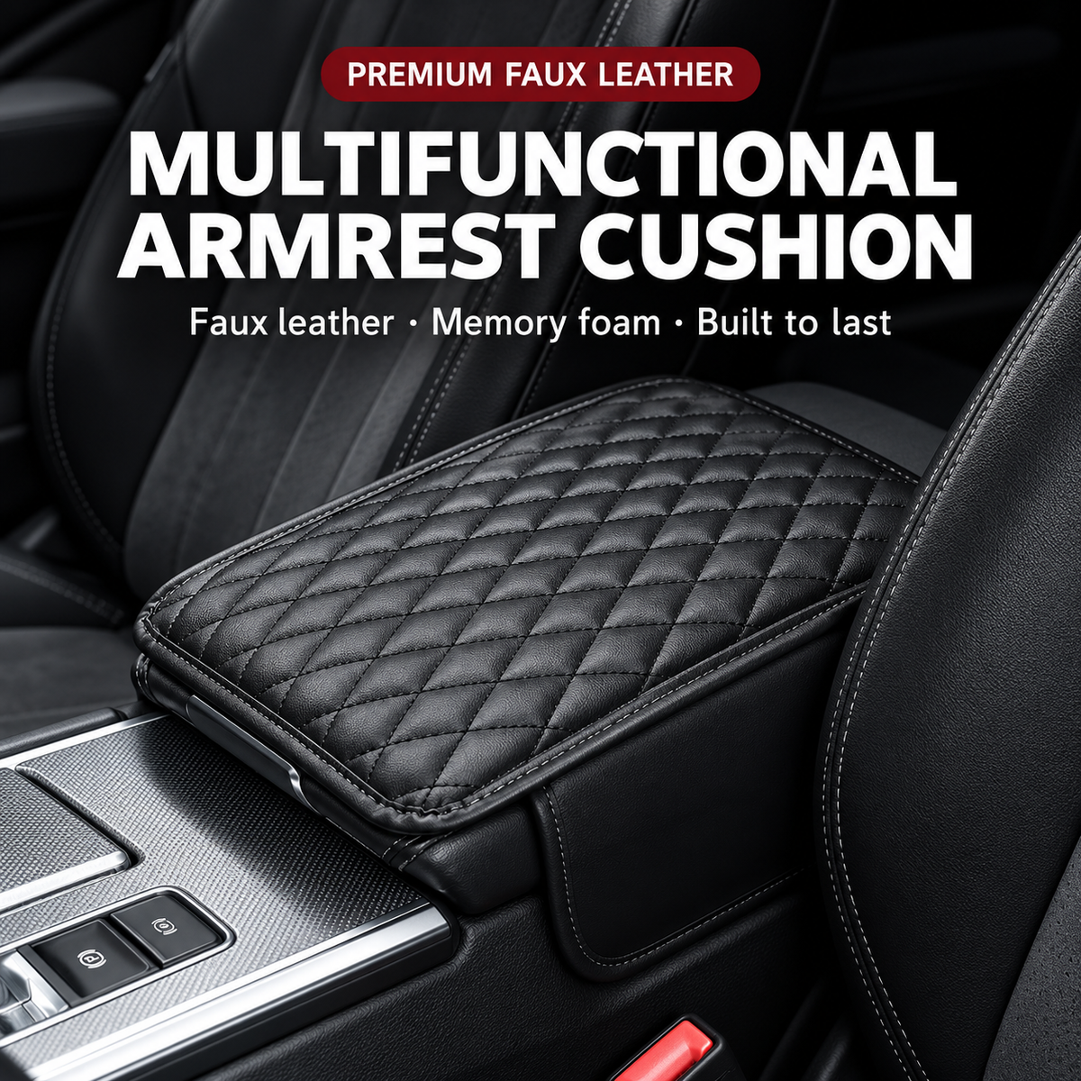 Padded Car Armrest Cover – Quilted Console Cushion with Storage Pocket