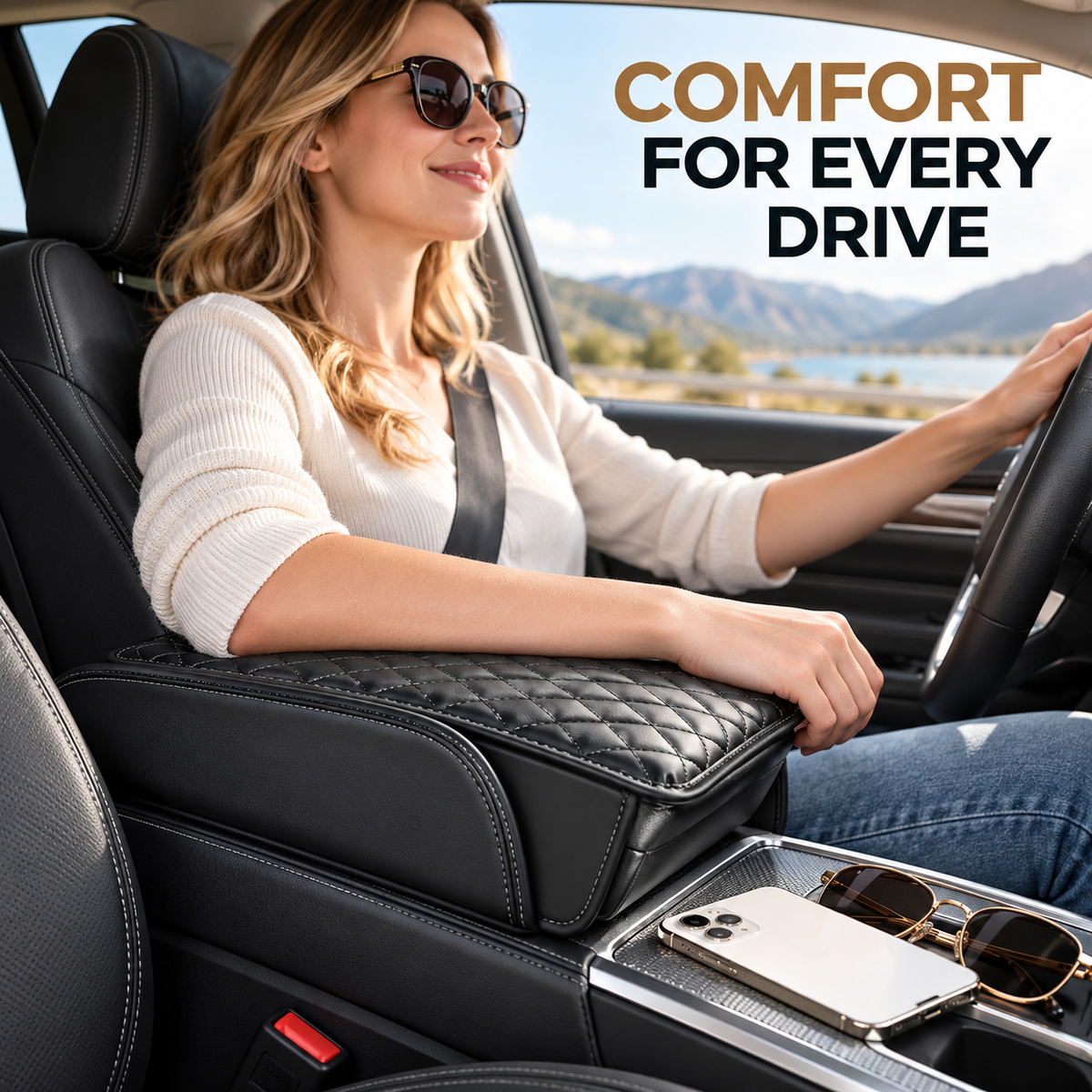 Padded Car Armrest Cover – Quilted Console Cushion with Storage Pocket