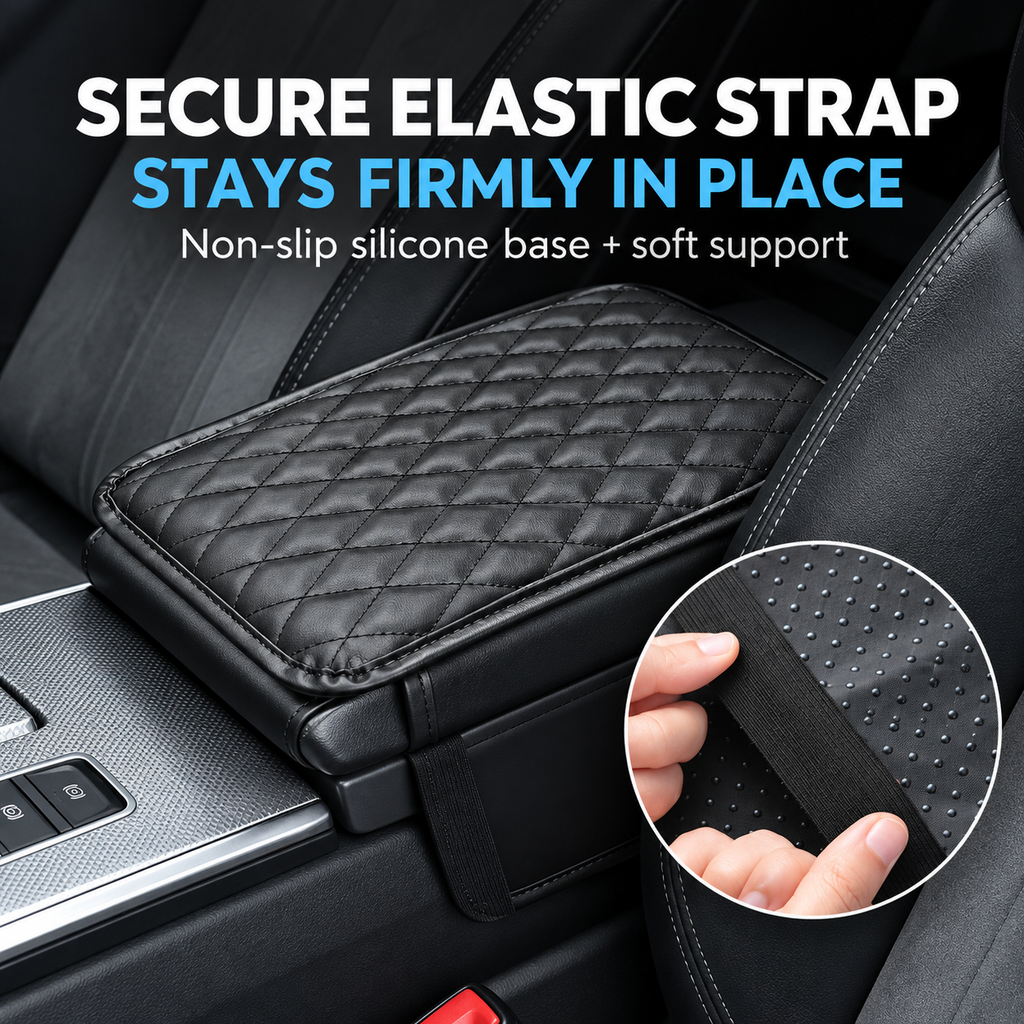 Padded Car Armrest Cover – Quilted Console Cushion with Storage Pocket