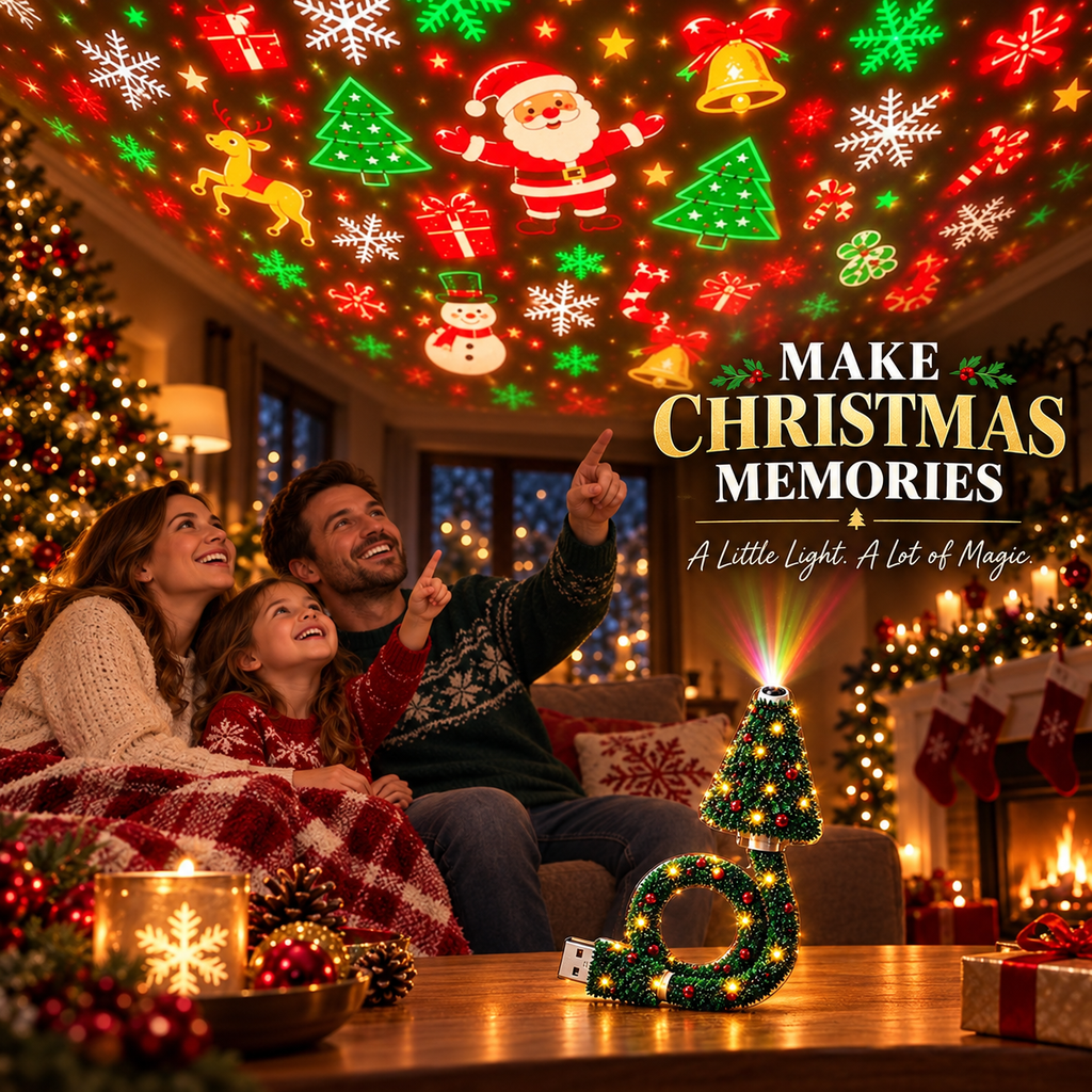 Christmas Projector Light – USB Flexible Tree Lamp with 6 Festive Patterns