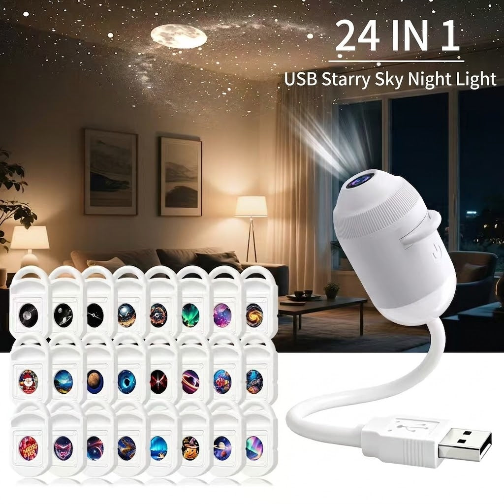 USB Starry Sky Projector Night Light – 3-in-1 / 6-in-1 / 12-in-1 / 24-in-1 Galaxy Light Projector with Replaceable Film Discs for Bedroom & Kids Room Decor
