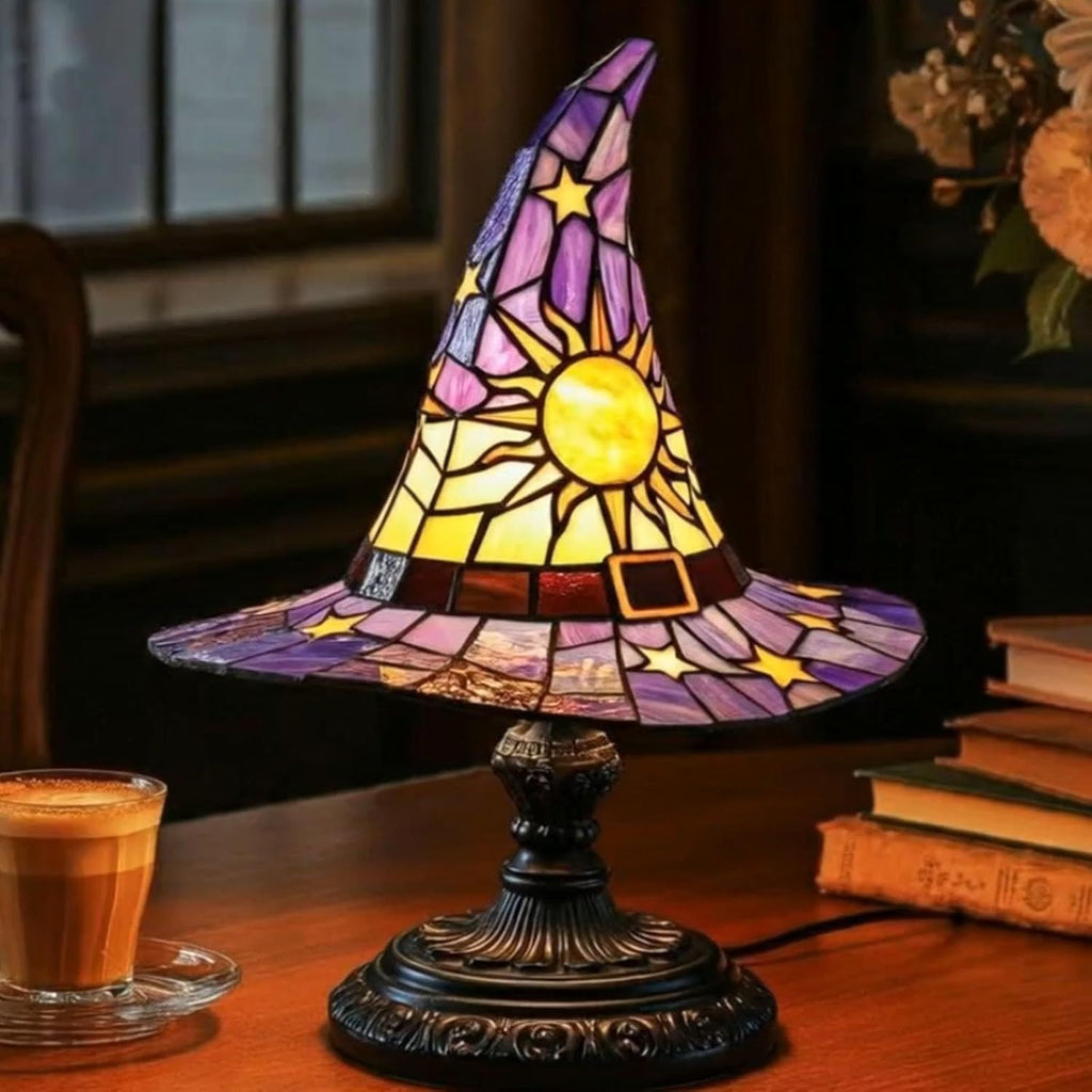 Witch Hat Lamp, Witch Hat Lamp Stained Glass Resin, Stained Glass Resin Lamp Shade Gothic Light, Fun Spooky Lamps Mystical Decor Haunted Wizard Halloween Decoration Used for Indoor Party、Home Dector