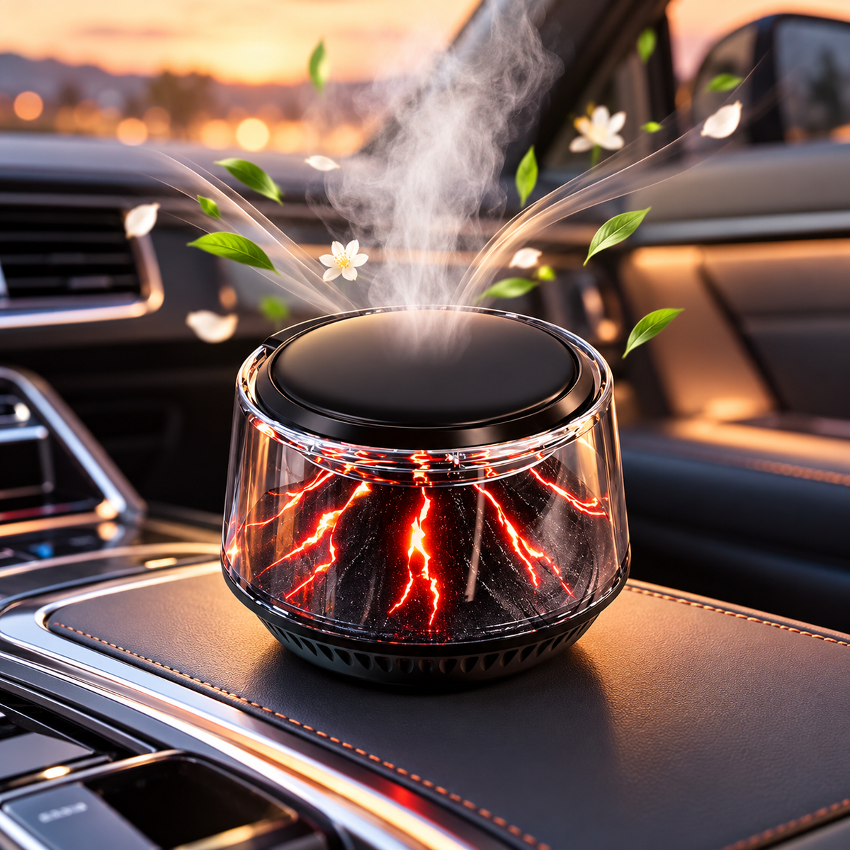 Volcano Mist Car Diffuser – Rechargeable Aromatherapy Atomizer with 3 Fragrance Modes & Color Ambient Light