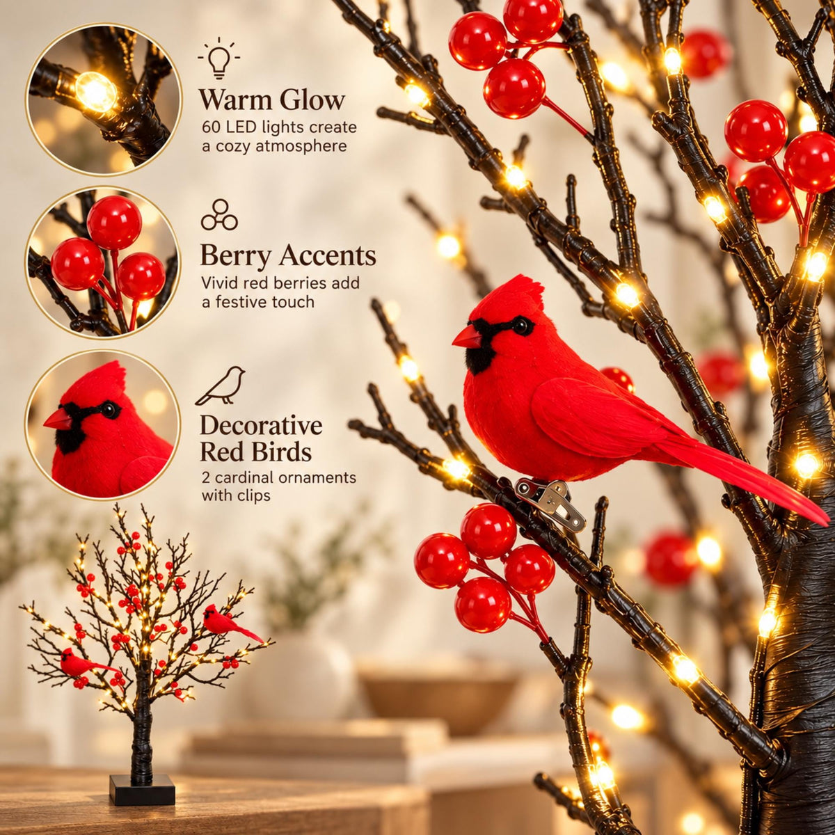 Lighted Cardinal Tree – 60 Warm White LEDs with Red Berries & Bird Decorations