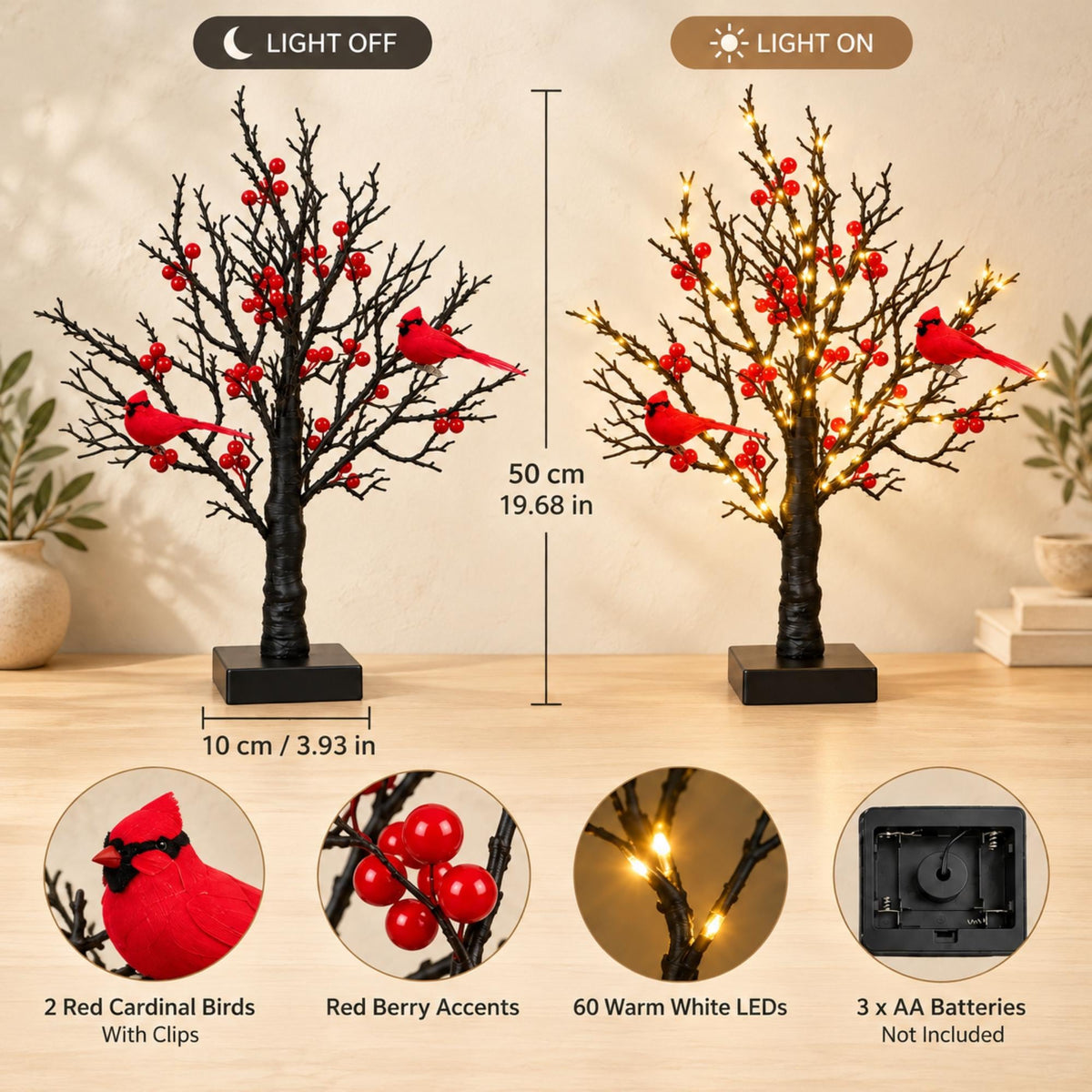 Lighted Cardinal Tree – 60 Warm White LEDs with Red Berries & Bird Decorations