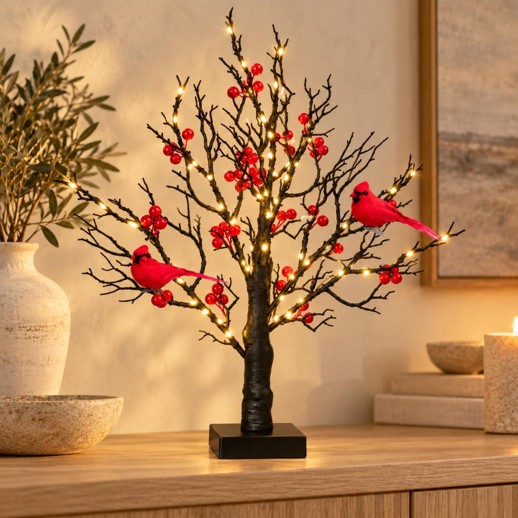 Lighted Cardinal Tree – 60 Warm White LEDs with Red Berries & Bird Decorations